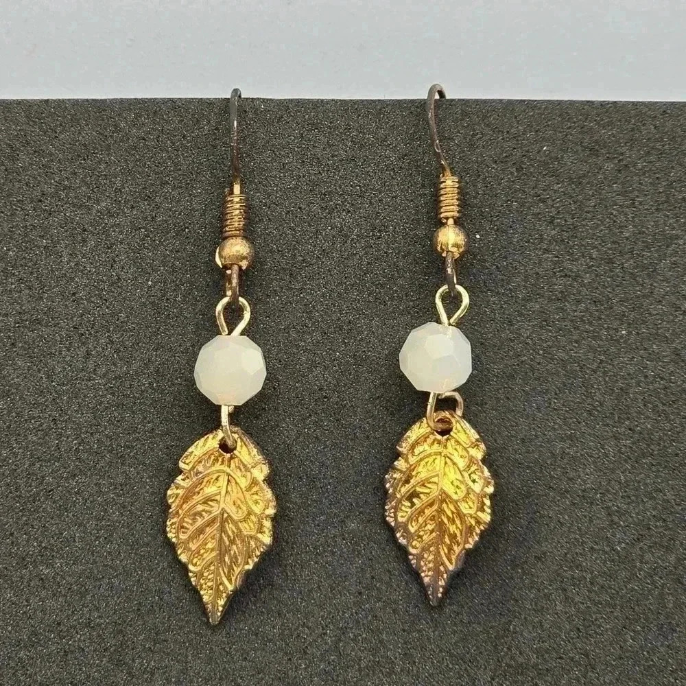 Copper Leaf White Bead Hook Dangle Boho Retro Earrings Fashion Jewelry E26
